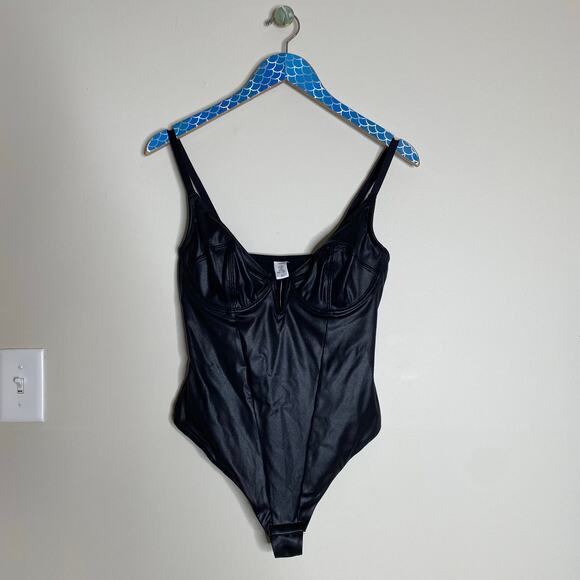 POPILUSH Shapewear Black Faux Leather Plunging V Sculpting Corset Bodysuit Large - Picture 9 of 9